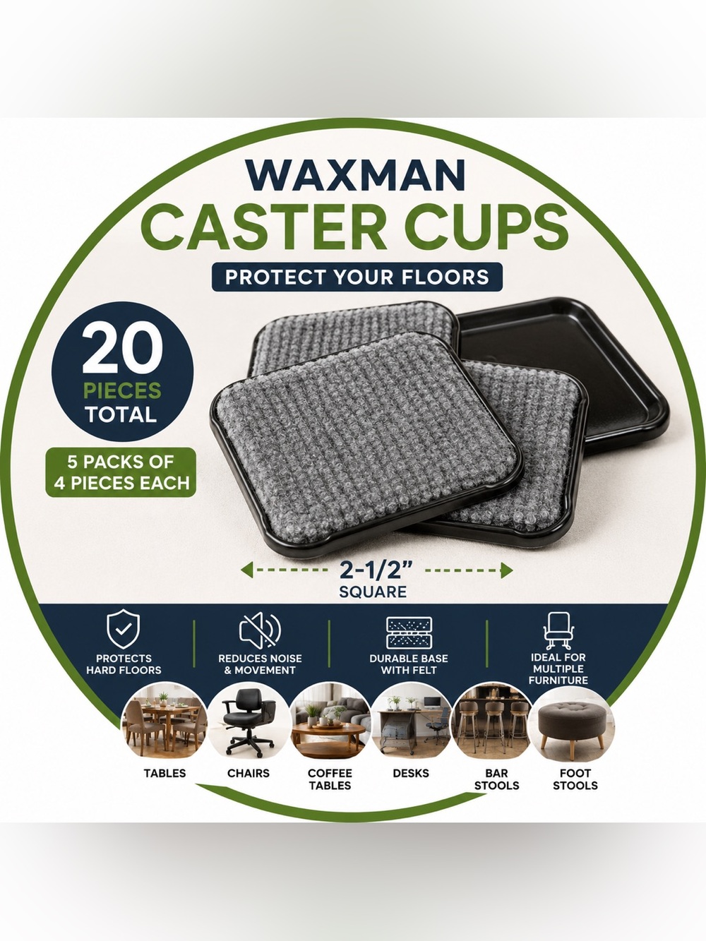 Waxman 2.5” Square Carpet Caster Cups 20 Pack Floor Furniture Protectors
